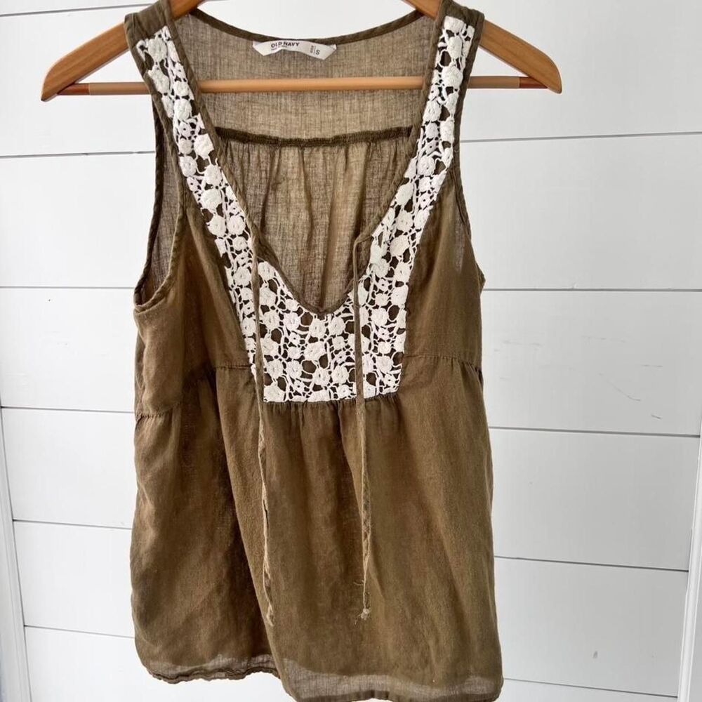 Old Navy Tank Olive Crochet Cotton Bohemian Women's Small